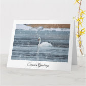 Seizoensgroeten kaart met witte zwaan in de sneeuw (Gele Bloem)