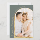 Seizoensgroeten Moderne Gouden Boog 5 Foto Groen Feestdagenkaart (Voorkant)