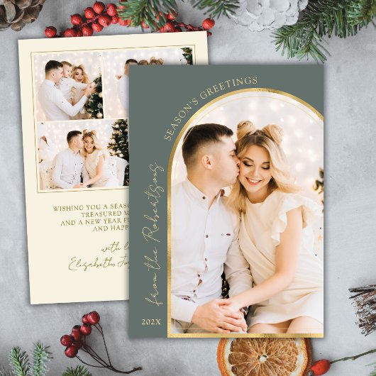 Seizoensgroeten Moderne Gouden Boog 5 Foto Groen Feestdagenkaart