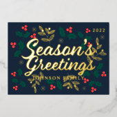Seizoensgroeten Moderne Hulst Bessen Loof Folie Feestdagenkaart (Voorkant)