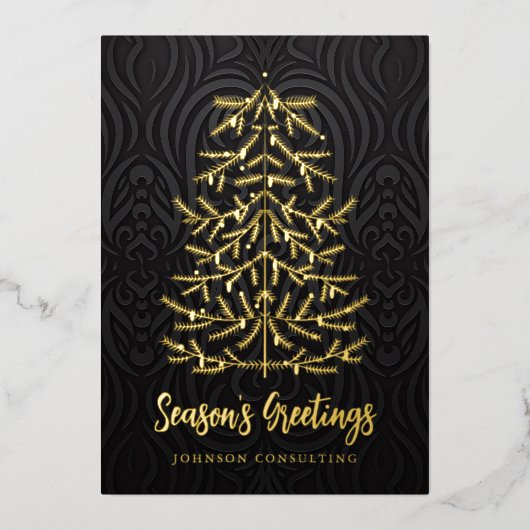 Seizoensgroeten Moderne kerstboom Damask Folie Feestdagenkaart (Voorkant)