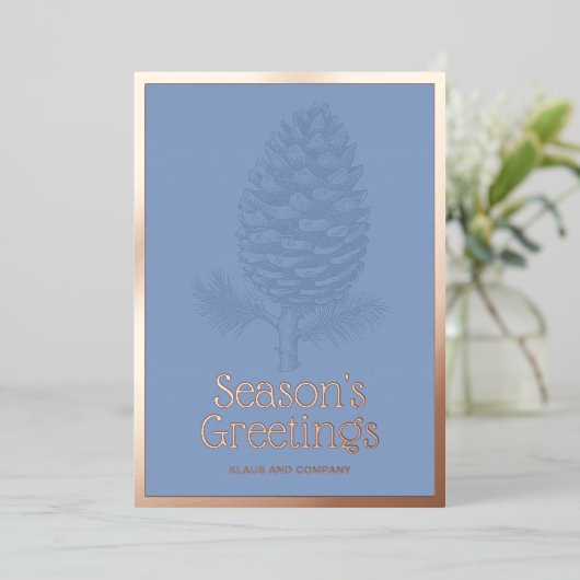 Seizoensgroeten Pinecone Modern Blauw Zakelijk Folie Feestdagenkaart (Staand Voorkant)