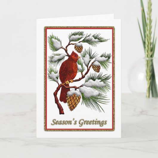 Seizoensgroeten - Rode kardinaal met pijnbomen Feestdagen Kaart (Voorkant)