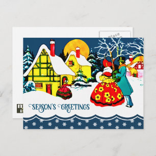 Seizoensgroeten. Vintage-kerstscène Feestdagenkaart