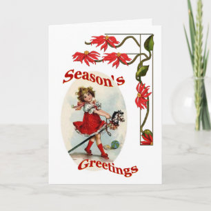 Seizoensgroeten Vintage Meisje & Poinsettia's Feestdagen Kaart