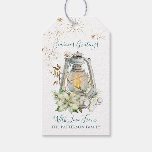 Seizoensgroeten Witte Poinsettia Familienaam Cadeaulabel (Voorkant)