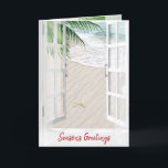 Seizoensvenster met groeten kaart<br><div class="desc">Open raam en pure gordijnen met zeesterren in strandzand,  palmschijfjes en oceaanwater. De tekst kan worden bewerkt.</div>