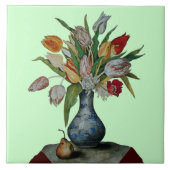 SEIZOENVRUCHTEN, TULIPS IN VASE EN PEAR Zacht Gree Tegeltje (Voorkant)