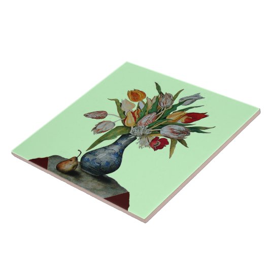 SEIZOENVRUCHTEN, TULIPS IN VASE EN PEAR Zacht Gree Tegeltje (Zijkant)