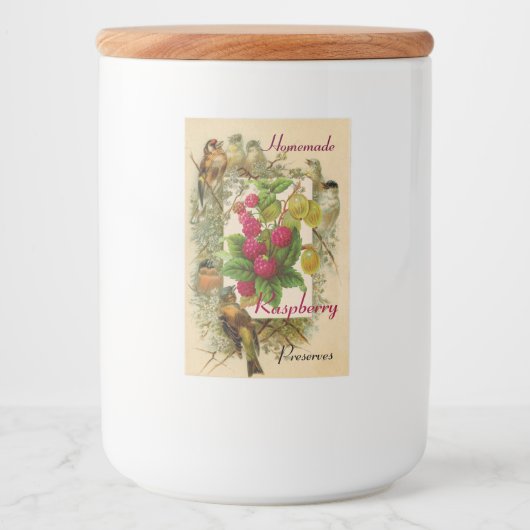 SEIZOENVRUCHTEN / VOGELS EN RASPBERRIEËN BEHOUDEN VOEDSELCONTAINER ETIKET (Voorkant)