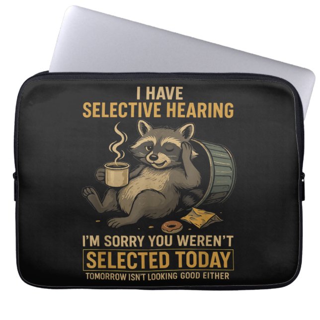 Selectief Gehoor Grappige Wasbeer Koffie Laptop Sleeve (Voorkant)