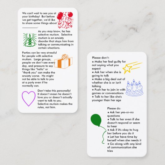 Selectief Mutisme Birthday Boy Visitekaartje (Voorkant / Achterkant)