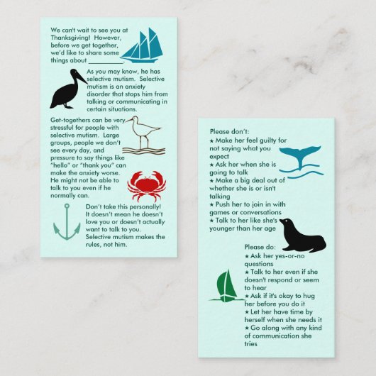 Selectief Mutisme haal het Visitekaartje van een j (Voorkant / Achterkant)