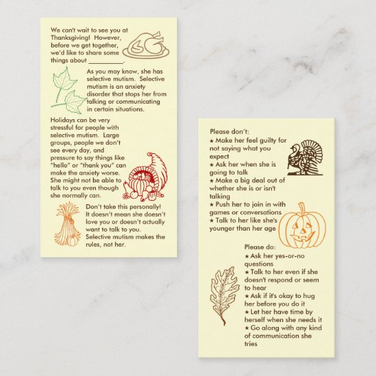 Selectief mutisme Thanksgiving meisje Visitekaartj Visitekaartje (Voorkant / Achterkant)