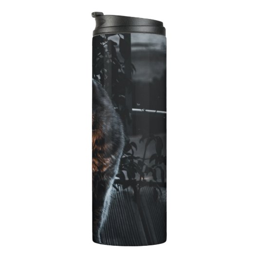 SELECTIEVE FOCUS VAN SILVER TABBY CAT THERMOSBEKER (Geroteerd rechts)