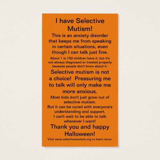 Selectieve Mutisme Trick-or-Treat Visitekaartje (Achterkant)