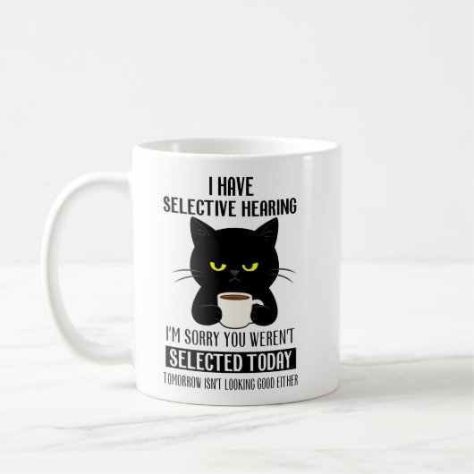 Selective Hearing – Grumpy Black Cat Coffee Humor Koffiemok (Links)