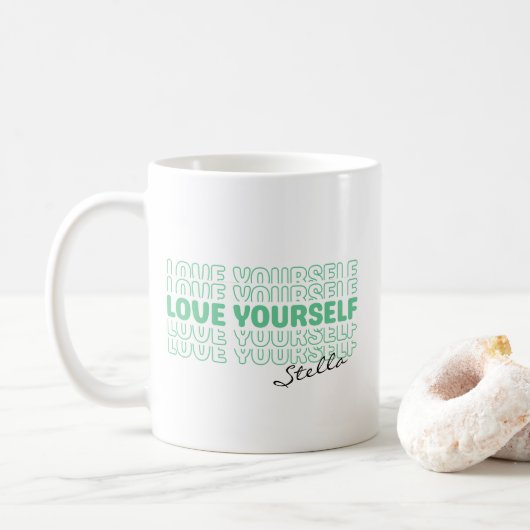 Self Love Mint Wavy Retro Custom Name Text Koffiemok (Met donut)
