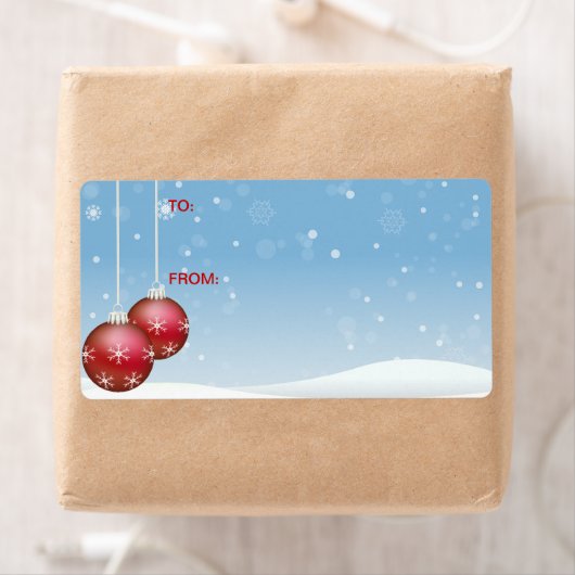 Self-Stick Gift Label: rode kerstballen en sneeuw Etiket (Insitu)