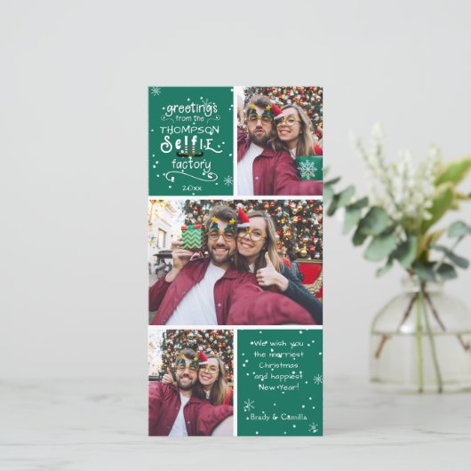 SelfFie Groeten in Wit, Veranderlijke Groene Kleur Feestdagenkaart (Staand voorkant)