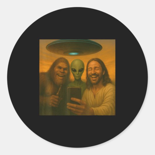 Selfie Bigfoot Jesus Alien - Cryptid Funny Sasquas Ronde Sticker (Voorkant)