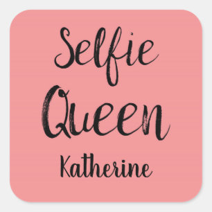 Selfie Queen Naam Gepersonaliseerd Koraal Sinaasap Vierkante Sticker