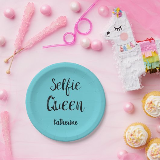 Selfie Queen Naam Gepersonaliseerde Turquoise Blau Papieren Bordje (Feest)