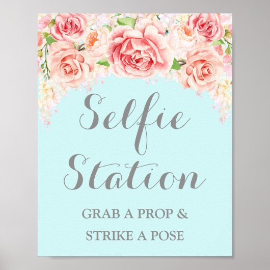 Selfie Station Huwelijksbord Roze Aquarel Blauw Poster (Voorkant)