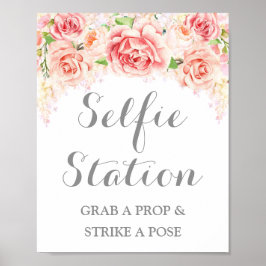 Selfie Station Huwelijksbord Roze Waterverf Bloeme Poster