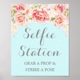 Selfie Station Trouwkaart Roze Waterverf Blauw Poster