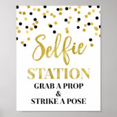 Selfie Station Wedding Sign Gold Black Confetti Poster (Voorkant)
