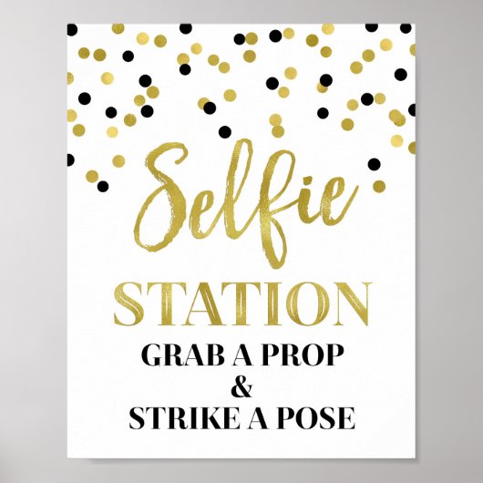 Selfie Station Wedding Sign Gold Black Confetti Poster (Voorkant)