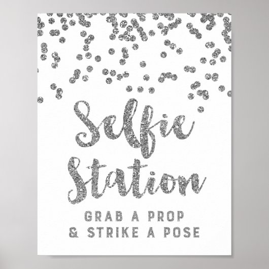 Selfie Station Wedding Sign Silver Confetti Poster (Voorkant)