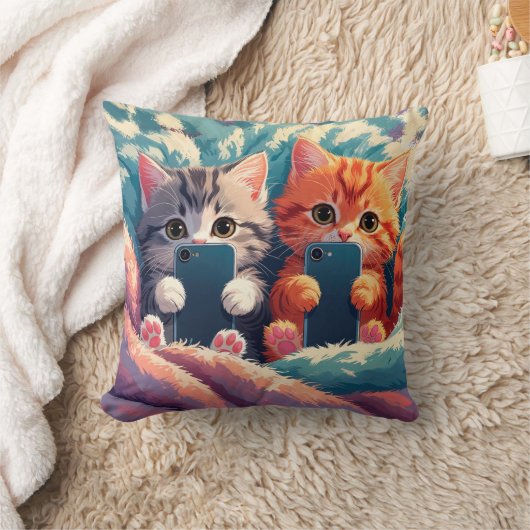Selfie Tijd – Mooie Kittens met Telefoons Kussen (Deken)