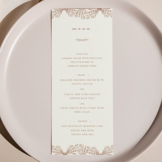 Semi Bloemen Beige Terracotta Bruiloft Diner Menu