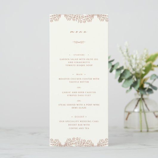 Semi Bloemen Beige Terracotta Bruiloft Diner Menu (Staand voorkant)