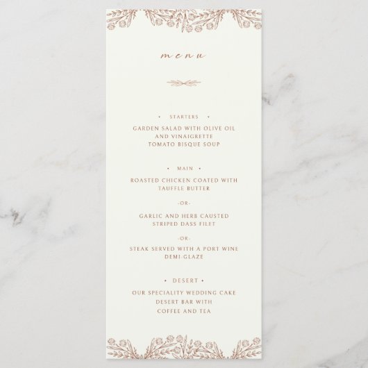 Semi Bloemen Beige Terracotta Bruiloft Diner Menu (Voorkant)