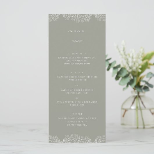 Semi Bloemen Sage Groen Bruiloft Diner Menu (Staand voorkant)