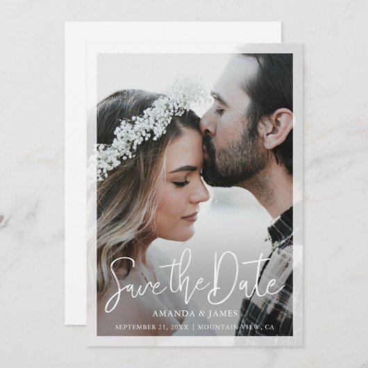 Semi-Transparante randfoto van Elegant Script Save The Date (Voorkant / Achterkant)