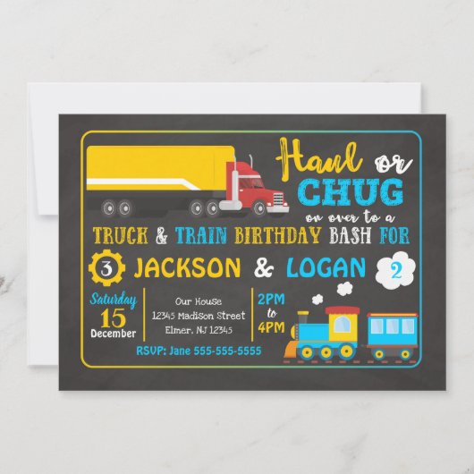 Semi Truck and Train Joint Birthday Invitation Kaart (Voorkant)
