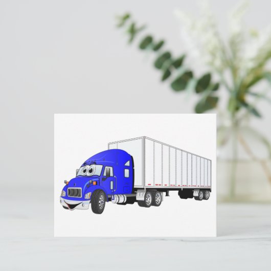 Semi Truck Blauwe Witte Aanhangwagen Cartoon Briefkaart (Staand voorkant)