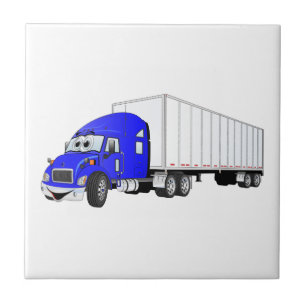 Semi Truck Blauwe Witte Aanhangwagen Cartoon Tegeltje
