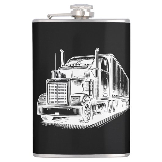 Semi Truck diesel Trucking Art inkt tekening Heupfles (Voorkant)
