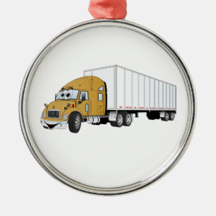 Semi Truck Gold White Trailer Cartoon Metalen Ornament