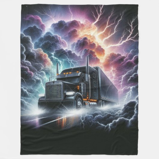 Semi Truck In Een Levendig Lightning Storm Fleece Deken (Voorkant)