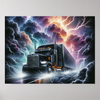 Semi Truck In Een Levendig Lightning Storm Poster