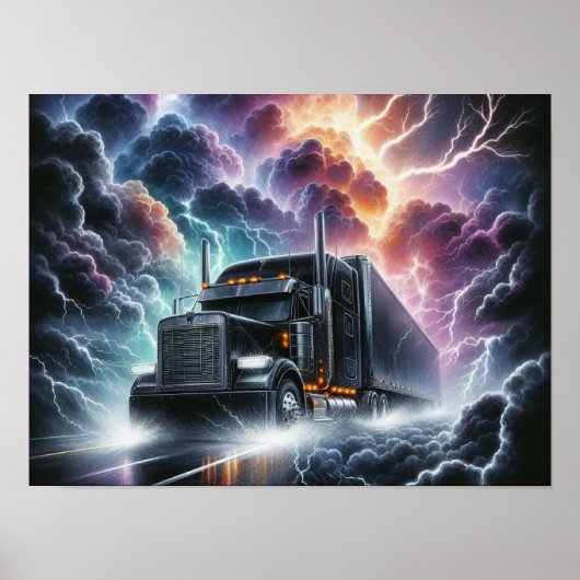 Semi Truck In Een Levendig Lightning Storm Poster (Voorkant)
