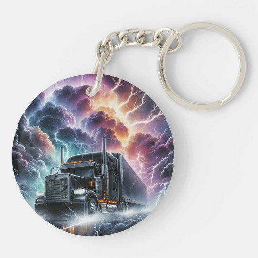 Semi Truck In Een Levendig Lightning Storm Sleutelhanger (Achterkant)