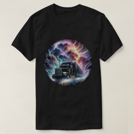 Semi Truck In Een Levendig Lightning Storm T-shirt (Design voorkant)