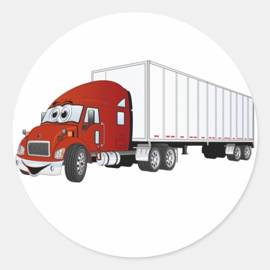 Semi Truck Rood Wit Trailer Cartoon Ronde Sticker (Voorkant)